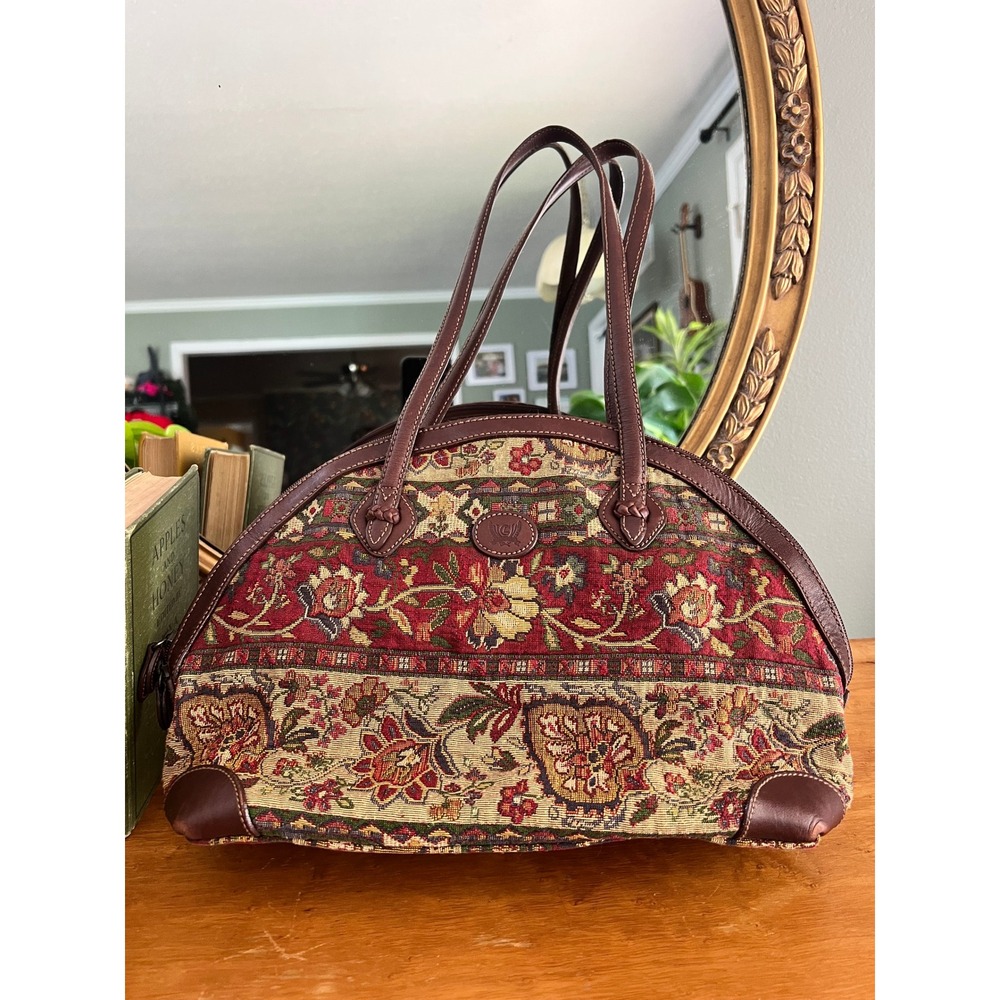 Vintage Liz Claiborne Tapestry Clamshell Satchel Purse Floral Woven Leather Trim